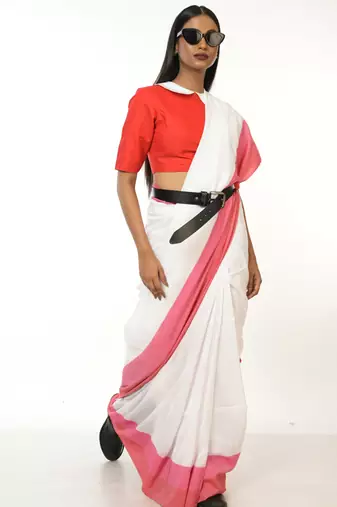 white handloom acrylic cotton saree with red and pink border