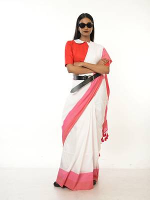 white handloom acrylic cotton saree with red and pink border 3