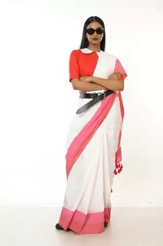 white handloom acrylic cotton saree with red and pink border