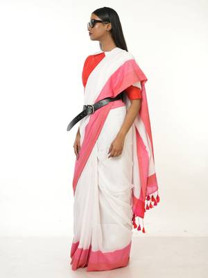 white handloom acrylic cotton saree with red and pink border 4