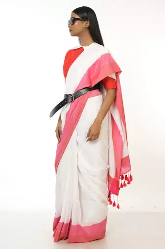 white handloom acrylic cotton saree with red and pink border