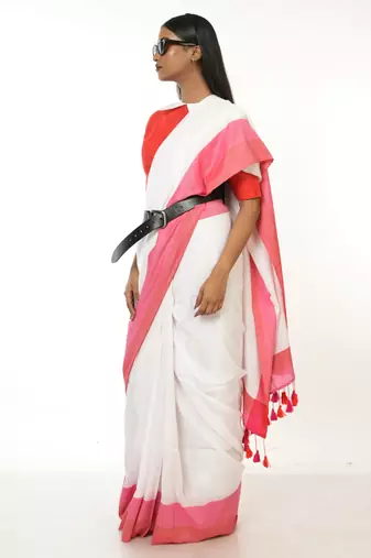 white handloom acrylic cotton saree with red and pink border