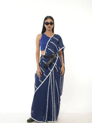 blue handloom cotton saree with white stripes 1