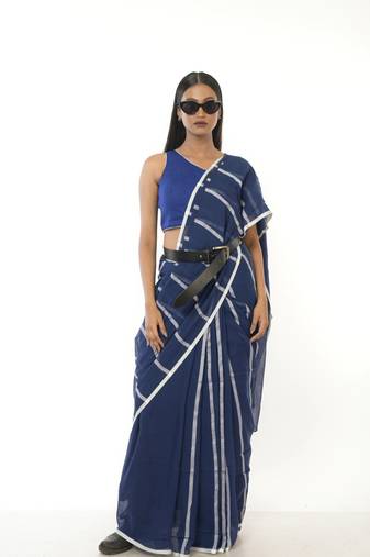 blue handloom cotton saree with white stripes