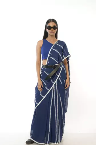 blue handloom cotton saree with white stripes
