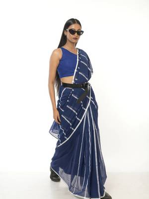 blue handloom cotton saree with white stripes 2
