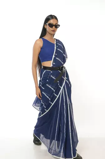 blue handloom cotton saree with white stripes