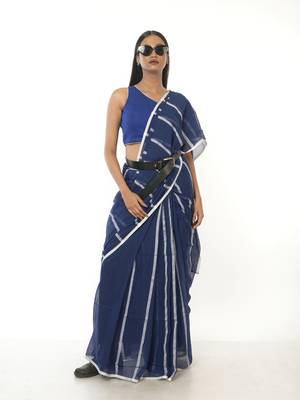 blue handloom cotton saree with white stripes 3