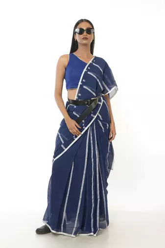 blue handloom cotton saree with white stripes