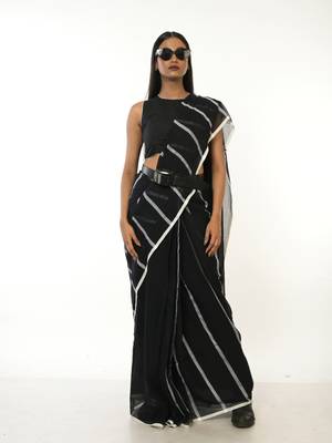 black handloom acrylic cotton saree with white stripes 1