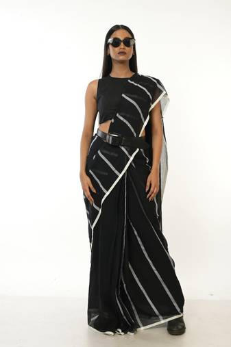 black handloom acrylic cotton saree with white stripes