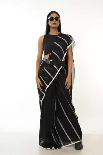 black handloom acrylic cotton saree with white stripes
