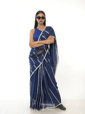 blue handloom cotton saree with white stripes 4
