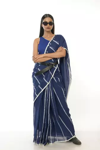 blue handloom cotton saree with white stripes