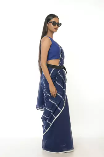 blue handloom cotton saree with white stripes