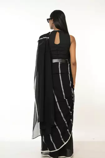 black handloom acrylic cotton saree with white stripes