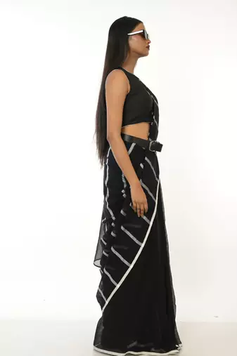 black handloom acrylic cotton saree with white stripes