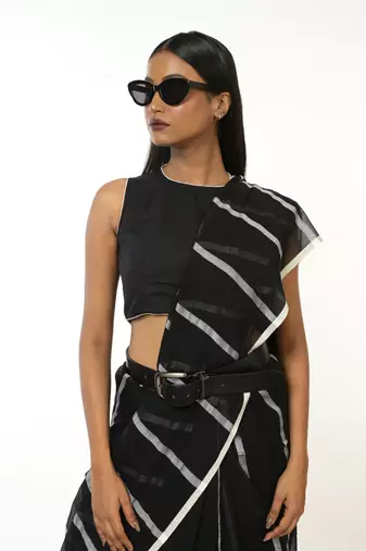 black handloom acrylic cotton saree with white stripes
