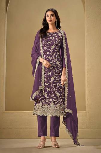 Dark Purple Embroidered Chinon Designer Salwar Kameez
