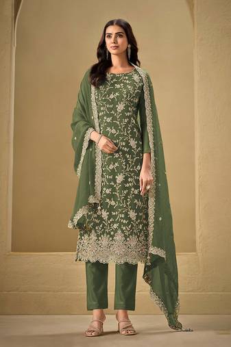 Dark Green Embroidered Chinon Designer Salwar Kameez