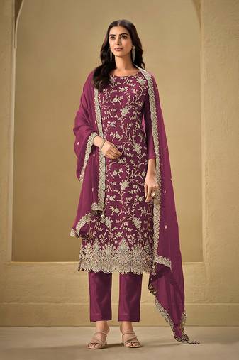 Burgundy Embroidered Chinon Designer Salwar Kameez