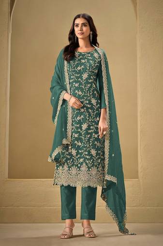 Teal Green Embroidered Chinon Designer Salwar Kameez