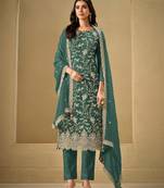 Teal Green Embroidered Chinon Salwar Kameez