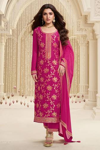 Rani Pink Jacquard And Viscose Embroidered salwar Kameez