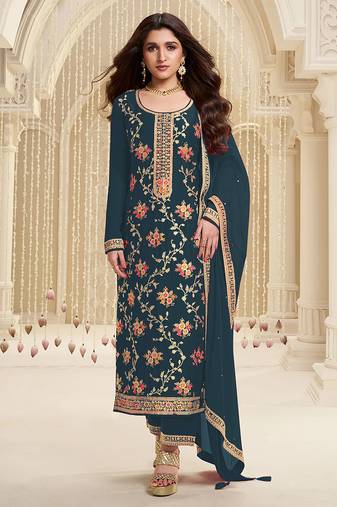 Dark Teal Jacquard And Viscose Embroidered salwar Kameez