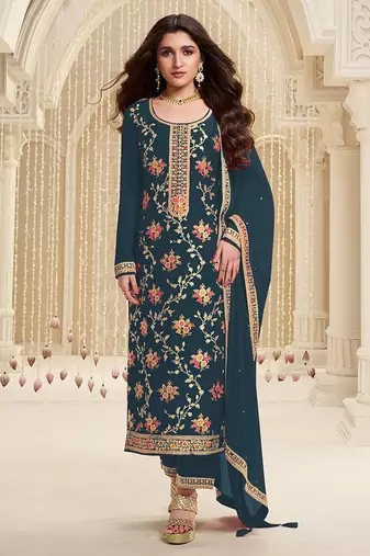 Dark Teal Jacquard And Viscose Embroidered salwar Kameez