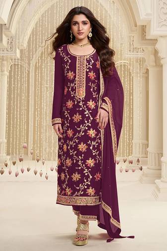 Wine Jacquard And Viscose Embroidered salwar Kameez