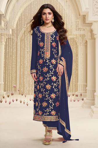 Navy Blue Jacquard And Viscose Embroidered salwar Kameez