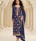 Navy Blue Jacquard And Viscose Embroidered salwar Kameez