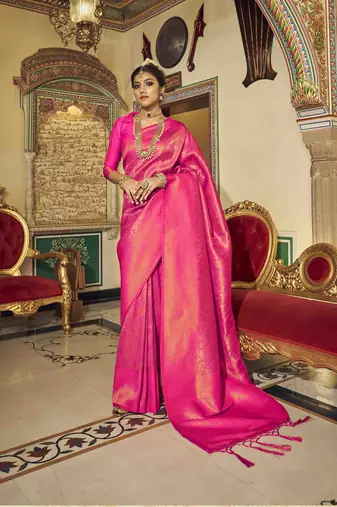 magenta kanchipuram silk blend saree with unstitched blouse piece