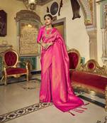 magenta kanchipuram silk blend saree with unstitched blouse piece