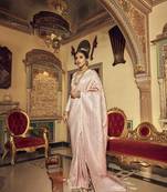 peach kanchipuram silk blend saree with unstitched blouse piece