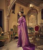 purple kanchipuram silk blend saree with unstitched blouse piece