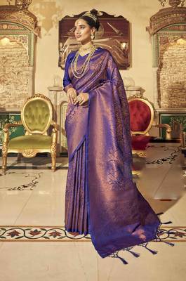 indigo kanchipuram silk blend saree with unstitched blouse piece 1