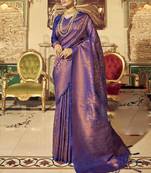 indigo kanchipuram silk blend saree with unstitched blouse piece
