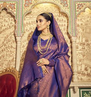 indigo kanchipuram silk blend saree with unstitched blouse piece 2