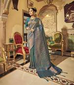 teal kanchipuram silk blend saree with unstitched blouse piece