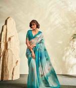 turquoise cotton silk blend saree with unstitched blouse piece