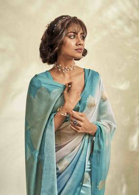 turquoise cotton silk blend saree with unstitched blouse piece 2
