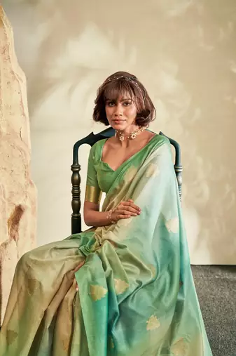 mint cotton silk blend saree with unstitched blouse piece