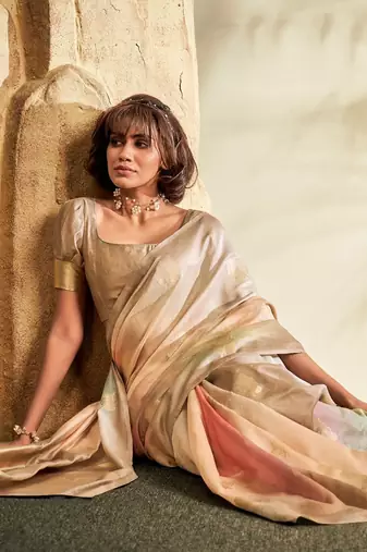 beige cotton silk blend saree with unstitched blouse piece