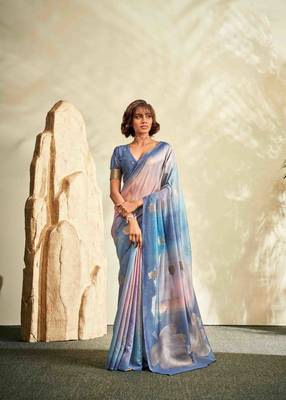blue cotton silk blend saree with unstitched blouse piece 1