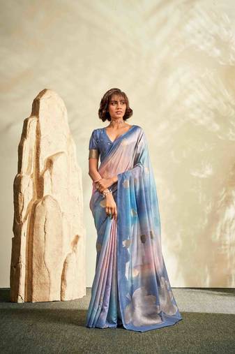 blue cotton silk blend saree with unstitched blouse piece