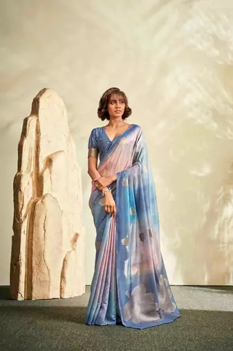 blue cotton silk blend saree with unstitched blouse piece