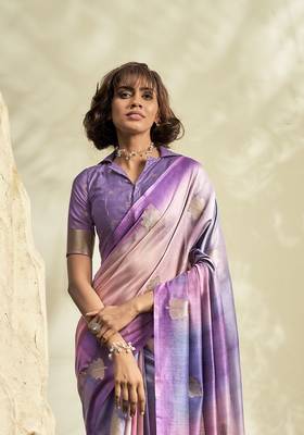 lavender cotton silk blend saree with unstitched blouse piece 3