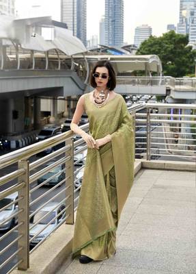 pista kanchipuram silk blend saree with unstitched blouse piece 1
